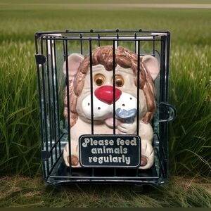 Vintage Enesco "Please Feed Animals Regularly" Lion In Cage Piggy Bank 1980's